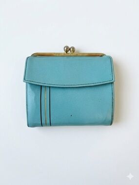Vintage MCM Tiffany Blue Leather Kiss-Lock Wallet | 1950s Gold Stripe Billfold